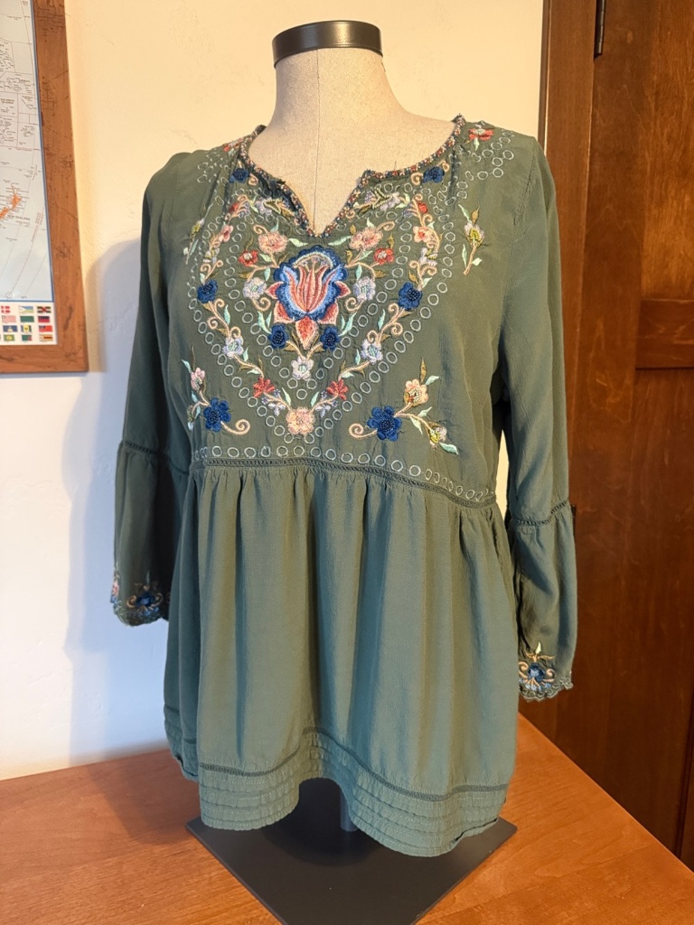 Soft Surroundings Olive Green Embroidered Boho Tunic